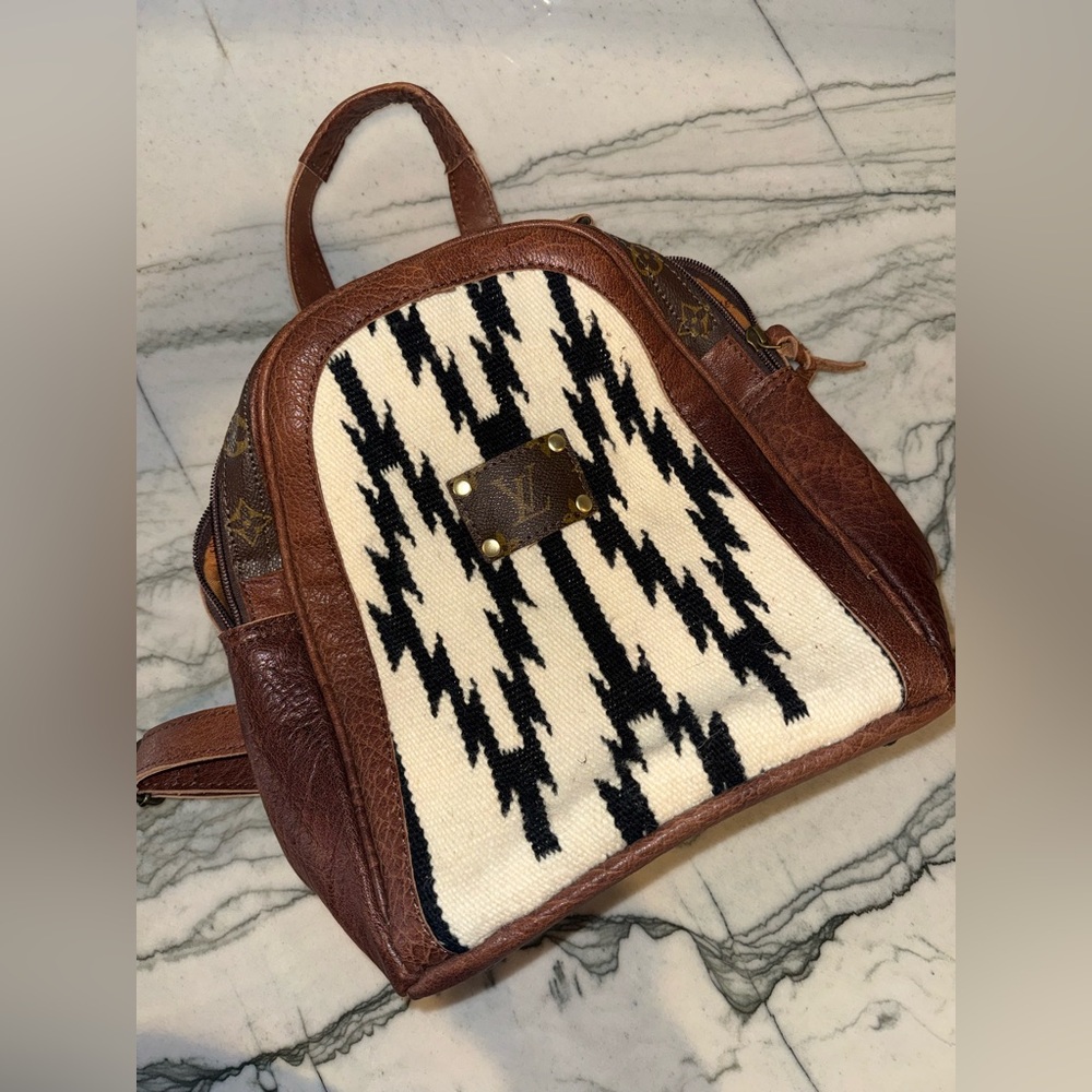 Repurposed LV Black and Cream Patterned Backpack